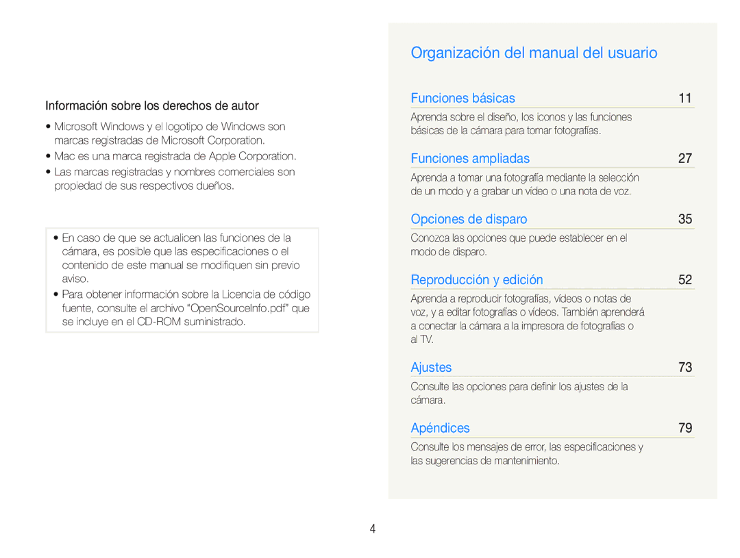 Samsung EC-PL21ZZBPBE1, EC-PL20ZZBPRE1 Organización del manual del usuario, Información sobre los derechos de autor 