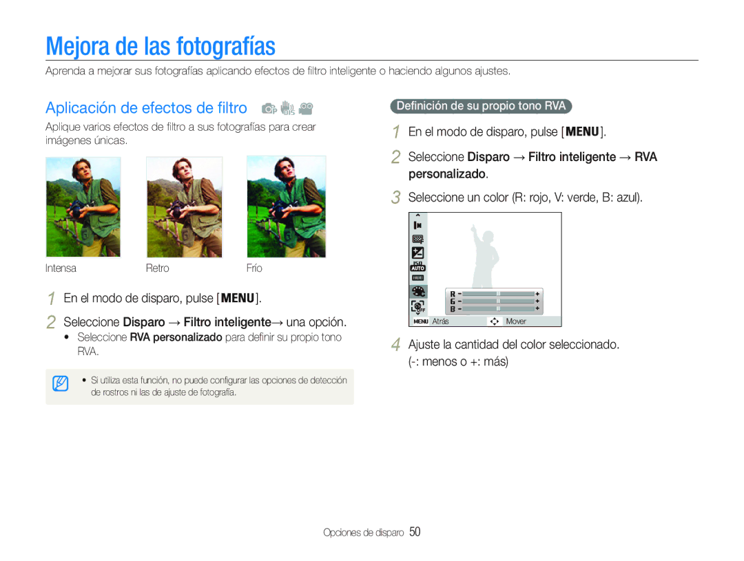 Samsung EC-PL20ZZBPPE1 manual Mejora de las fotografías, Aplicación de efectos de filtro, Definición de su propio tono RVA 