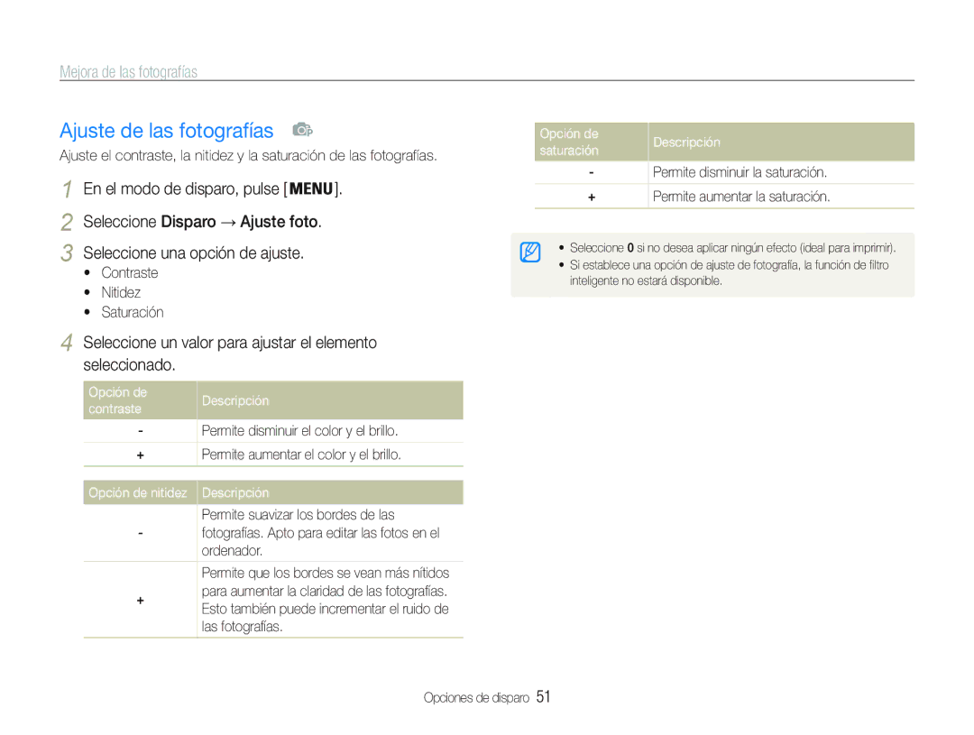 Samsung EC-PL21ZZBPPE1 manual Ajuste de las fotografías, Mejora de las fotografías, Seleccione Disparo Ajuste foto 