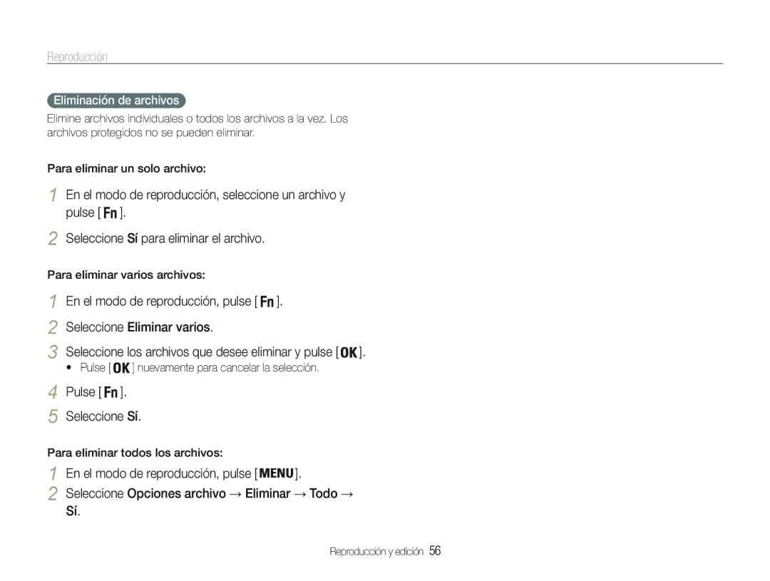 Samsung EC-PL20ZZBPBE1, EC-PL20ZZBPRE1 manual Pulse Seleccione Sí, Eliminación de archivos, Para eliminar varios archivos 