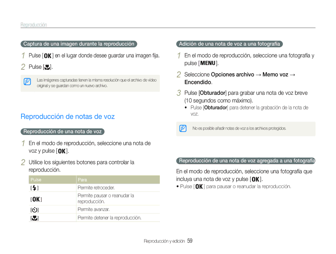 Samsung EC-PL20ZZBPSE1 manual Reproducción de notas de voz, Pulse en el lugar donde desee guardar una imagen fija Pulse 