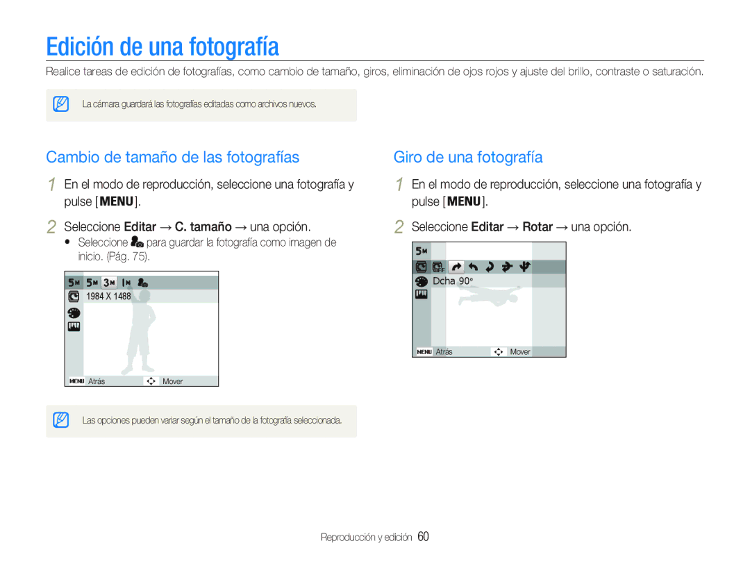 Samsung EC-PL21ZZBPBE1 manual Edición de una fotografía, Cambio de tamaño de las fotografías, Giro de una fotografía 