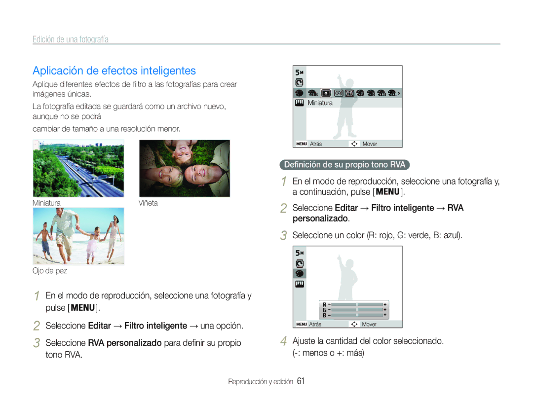 Samsung EC-PL21ZZBPBE2, EC-PL20ZZBPRE1, EC-PL20ZZBPBE1 manual Aplicación de efectos inteligentes, Edición de una fotografía 