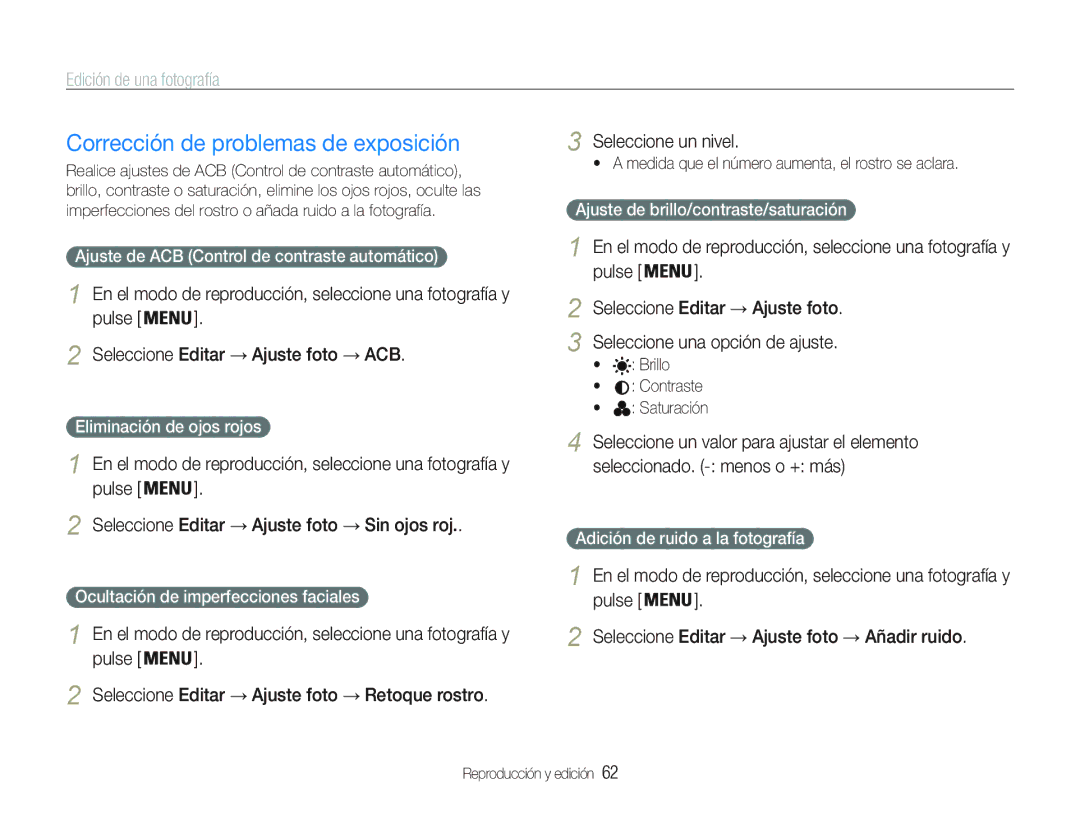 Samsung EC-PL20ZZBPRE1, EC-PL20ZZBPBE1, EC-PL20ZZBPPE1, EC-PL21ZZBPPE1, EC-PL20ZZBPSE1 Corrección de problemas de exposición 