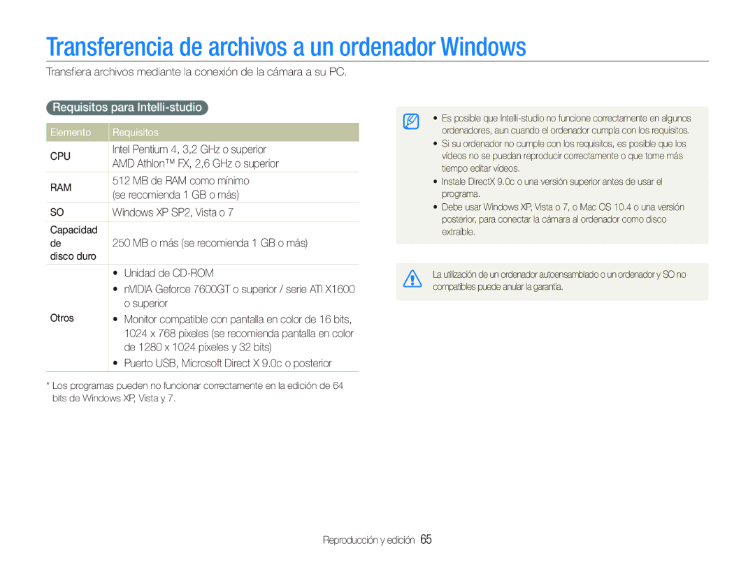 Samsung EC-PL21ZZBPPE1, EC-PL20ZZBPRE1 Transferencia de archivos a un ordenador Windows, Requisitos para Intelli-studio 