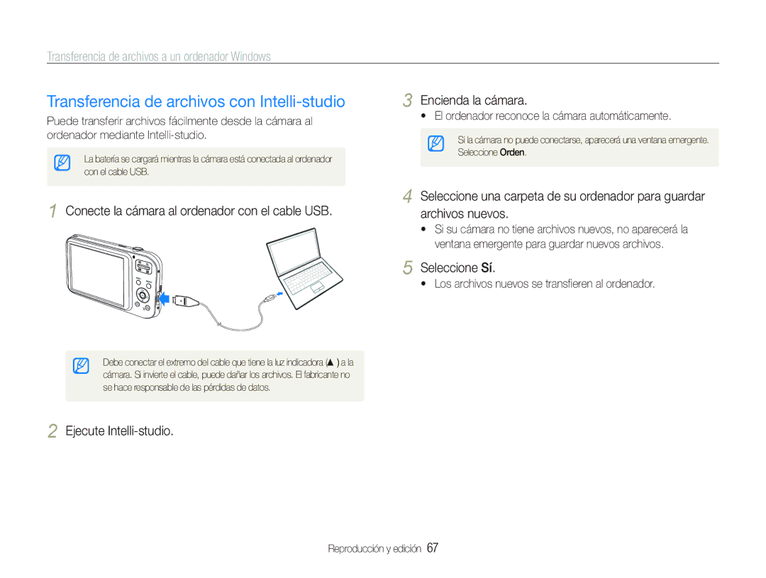 Samsung EC-PL21ZZBPBE1 manual Transferencia de archivos con Intelli-studio, Conecte la cámara al ordenador con el cable USB 