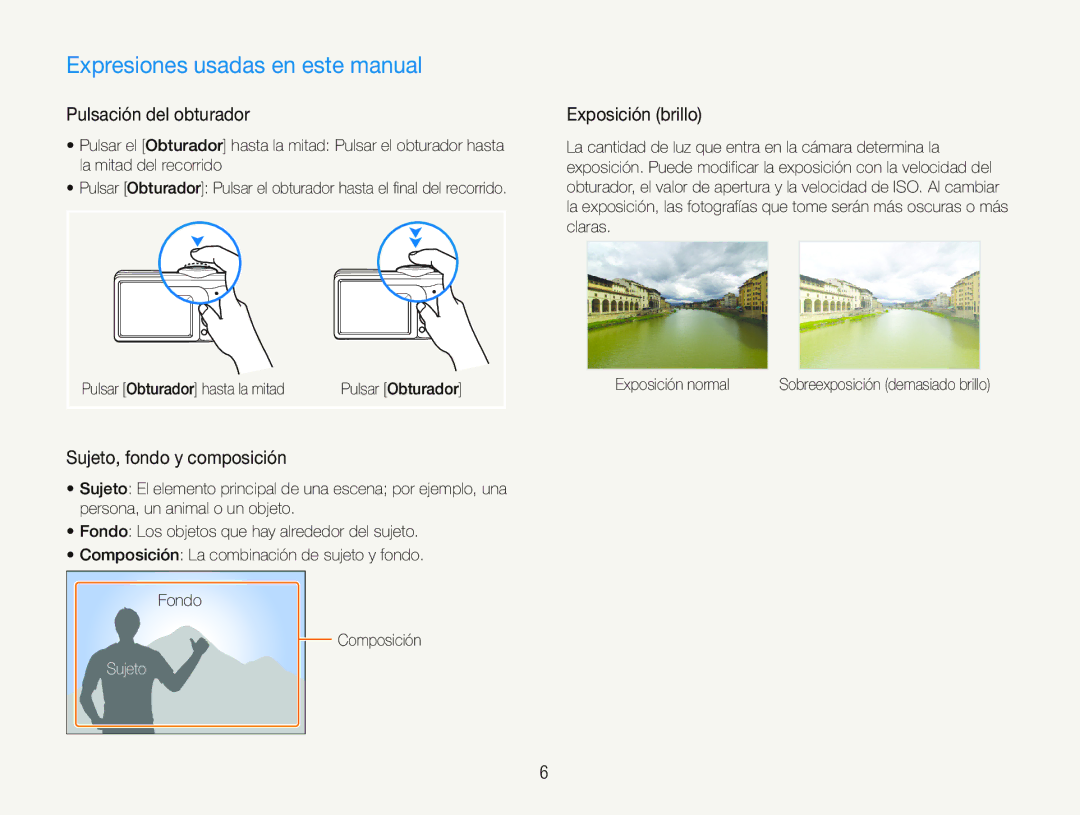 Samsung EC-PL20ZZBPRE1 Expresiones usadas en este manual, Pulsación del obturador, Sujeto, fondo y composición 