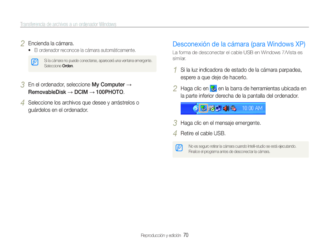 Samsung EC-PL20ZZBPBE1, EC-PL20ZZBPRE1, EC-PL20ZZBPPE1 manual Desconexión de la cámara para Windows XP, Encienda la cámara 