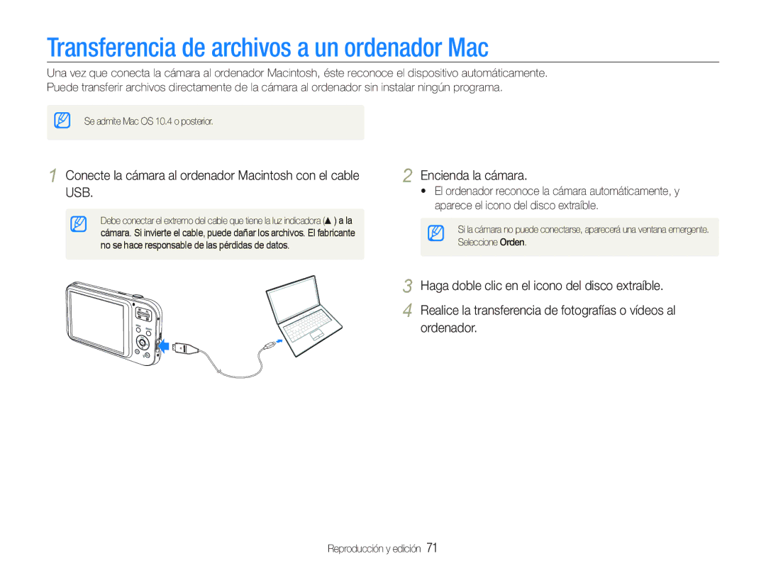 Samsung EC-PL20ZZBPPE1, EC-PL20ZZBPRE1, EC-PL20ZZBPBE1, EC-PL21ZZBPPE1 manual Transferencia de archivos a un ordenador Mac 