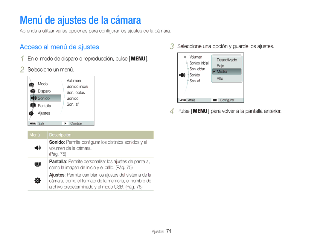 Samsung EC-PL21ZZBPBE1 manual Menú de ajustes de la cámara, Acceso al menú de ajustes, Seleccione un menú, Menú Descripción 