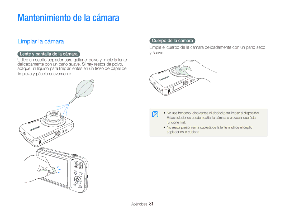 Samsung EC-PL21ZZBPBE1 Mantenimiento de la cámara, Limpiar la cámara, Lente y pantalla de la cámara, Cuerpo de la cámara 