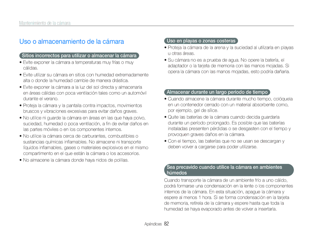 Samsung EC-PL21ZZBPBE2, EC-PL20ZZBPRE1, EC-PL20ZZBPBE1 manual Uso o almacenamiento de la cámara, Mantenimiento de la cámara 