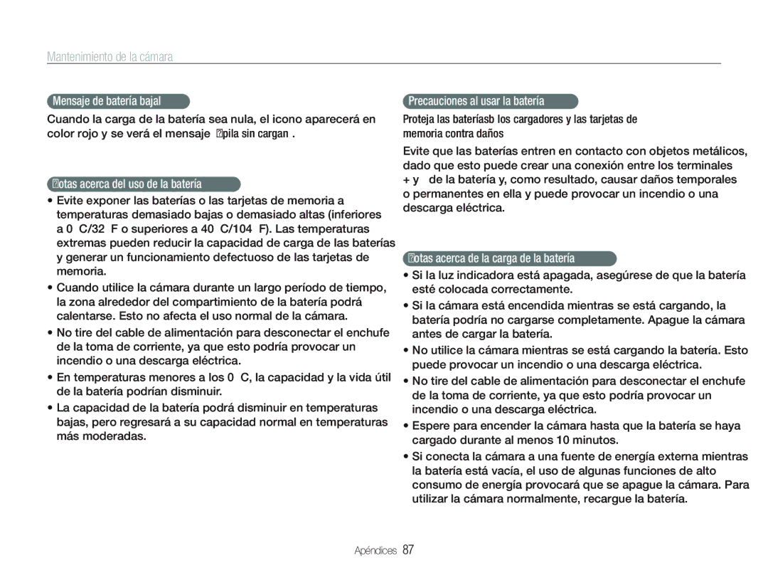 Samsung EC-PL20ZZBPSE1 manual Mensaje de batería baja, Notas acerca del uso de la batería, Precauciones al usar la batería 