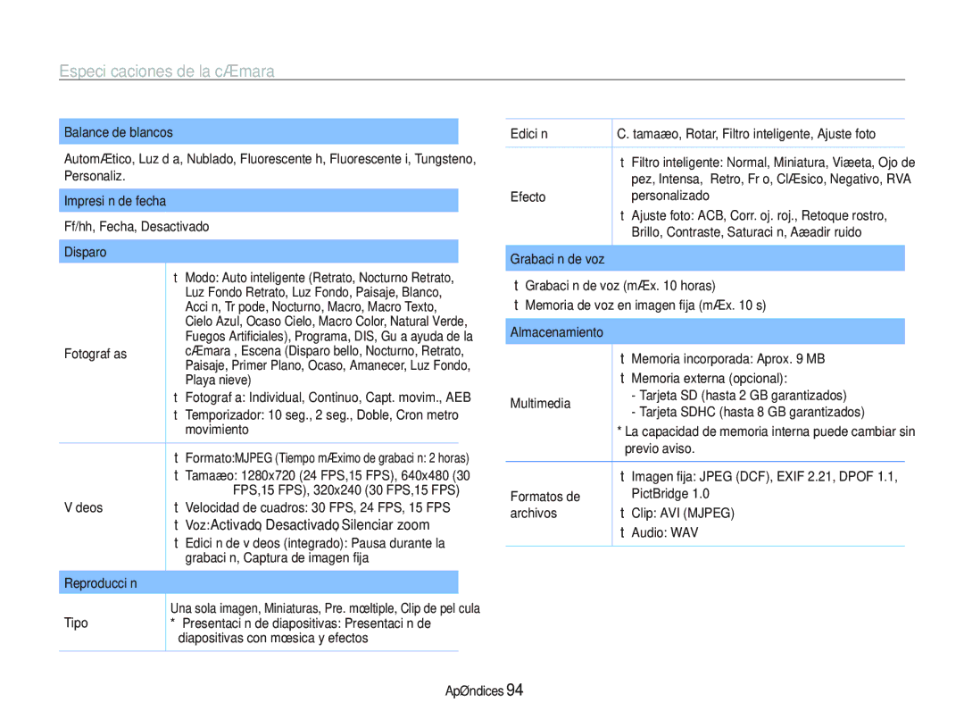 Samsung EC-PL20ZZBPSE1, EC-PL20ZZBPRE1, EC-PL20ZZBPBE1, EC-PL20ZZBPPE1, EC-PL21ZZBPPE1 manual Especiﬁcaciones de la cámara 