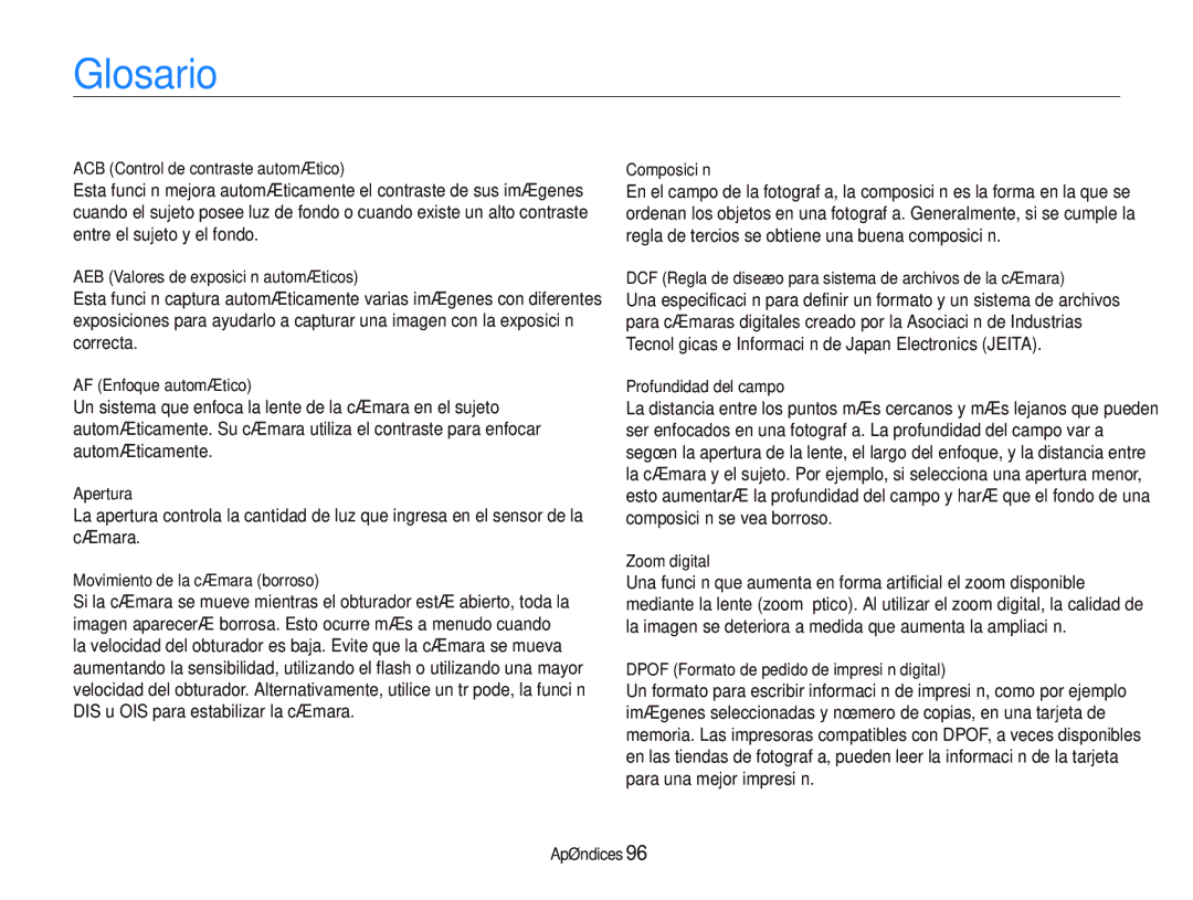 Samsung EC-PL21ZZBPBE2 manual Glosario, DCF Regla de diseño para sistema de archivos de la cámara, Profundidad del campo 