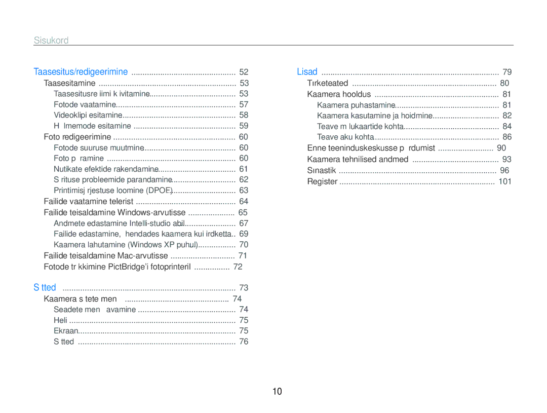 Samsung EC-PL20ZZBPBE2, EC-PL20ZZBPSE2 manual Sisukord, Fotode trükkimine PictBridgei fotoprinteril 