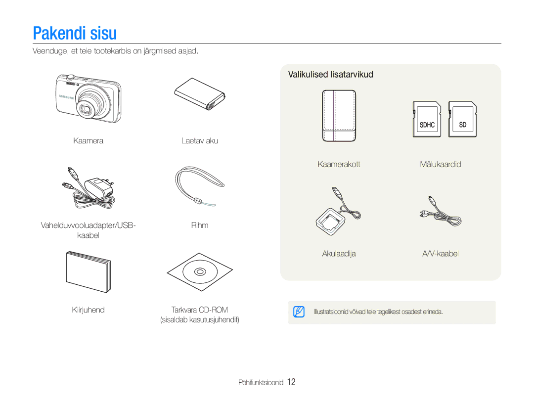 Samsung EC-PL20ZZBPBE2, EC-PL20ZZBPSE2 manual Pakendi sisu, Valikulised lisatarvikud 