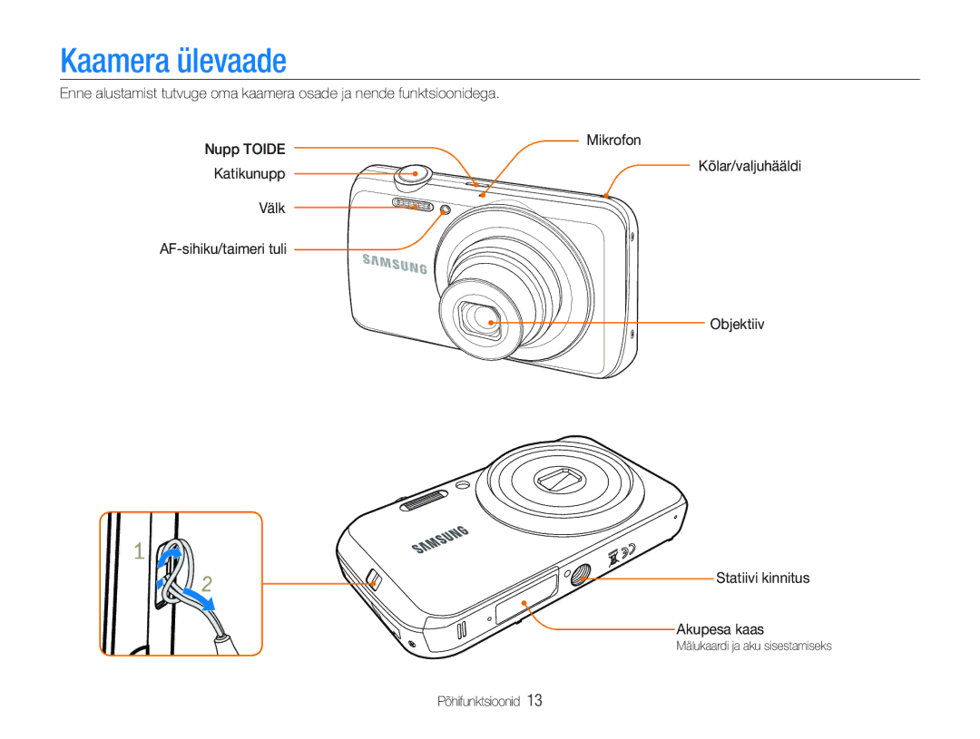 Samsung EC-PL20ZZBPSE2, EC-PL20ZZBPBE2 manual Kaamera ülevaade, Katikunupp, Välk, Objektiiv, Statiivi kinnitus Akupesa kaas 