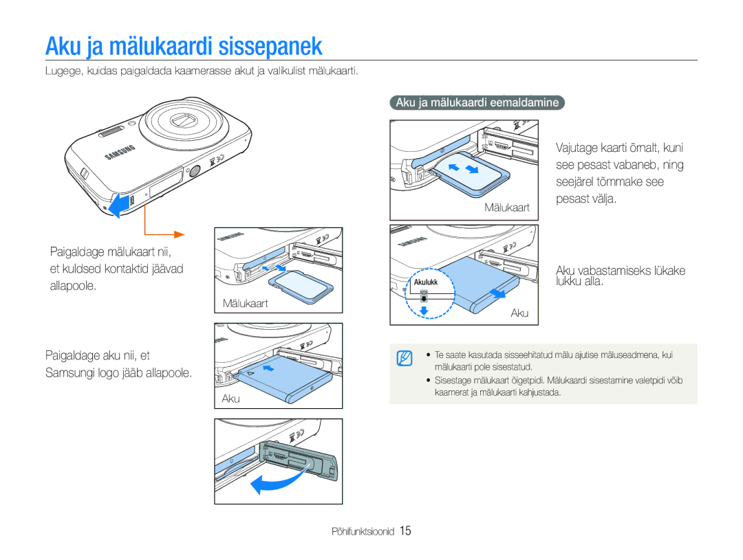 Samsung EC-PL20ZZBPSE2 Aku ja mälukaardi sissepanek, Seejärel tõmmake see, Pesast välja, Aku ja mälukaardi eemaldamine 