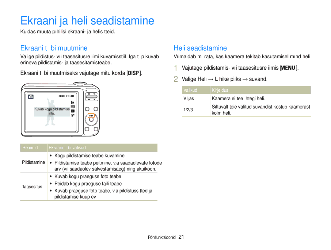 Samsung EC-PL20ZZBPSE2, EC-PL20ZZBPBE2 manual Ekraani ja heli seadistamine, Ekraani tüübi muutmine, Heli seadistamine 