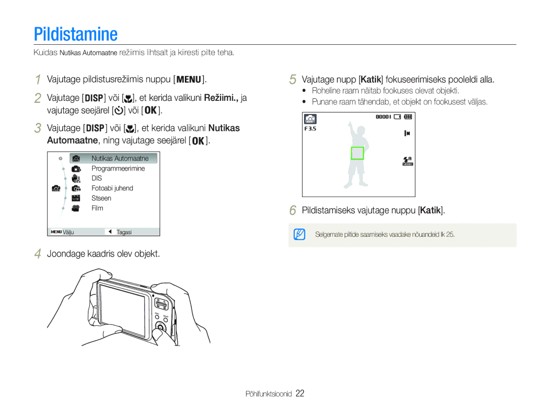 Samsung EC-PL20ZZBPBE2, EC-PL20ZZBPSE2 manual Pildistamine, Vajutage seejärel või Või , et kerida valikuni Nutikas 