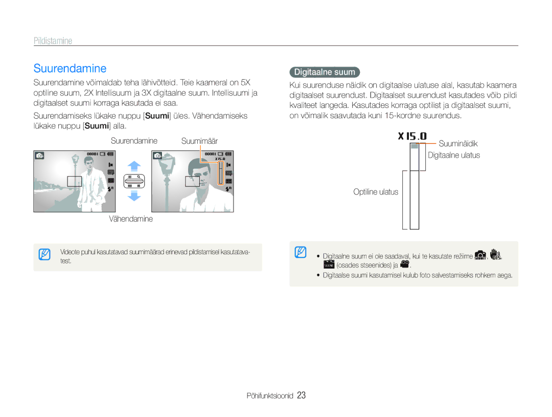 Samsung EC-PL20ZZBPSE2 manual Suurendamine, Pildistamine, Digitaalne suum, Suuminäidik Digitaalne ulatus Optiline ulatus 