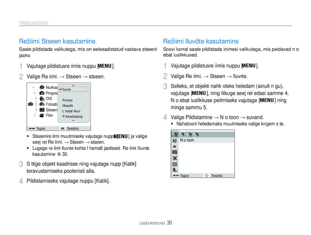 Samsung EC-PL20ZZBPBE2 manual Režiimi Stseen kasutamine, Režiimi Iluvõte kasutamine, Valige Režiimi Stseen Iluvõte 