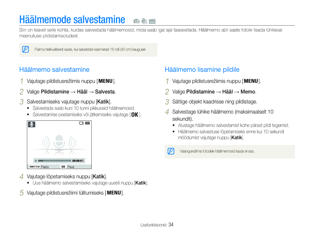 Samsung EC-PL20ZZBPBE2, EC-PL20ZZBPSE2 manual Häälmemode salvestamine, Häälmemo salvestamine, Häälmemo lisamine pildile 