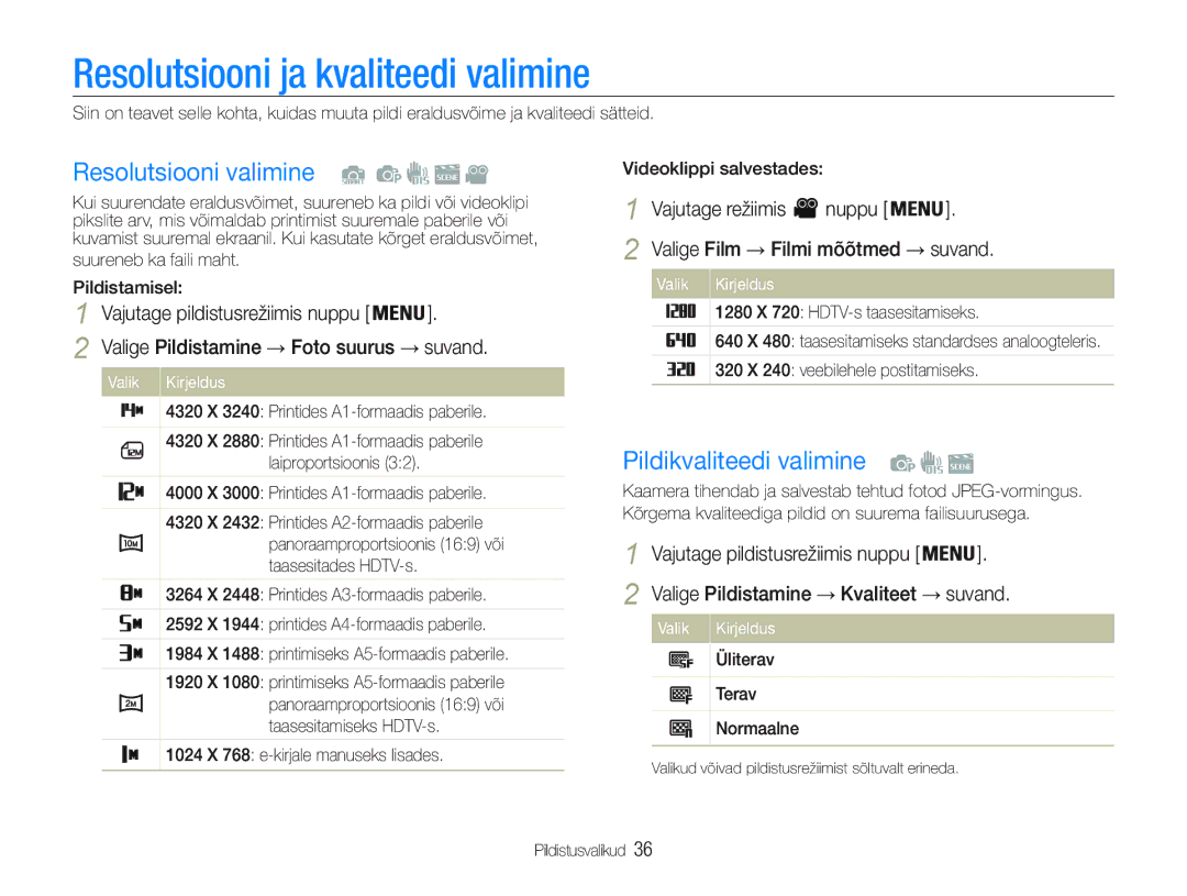 Samsung EC-PL20ZZBPBE2 manual Resolutsiooni ja kvaliteedi valimine, Resolutsiooni valimine, Pildikvaliteedi valimine 