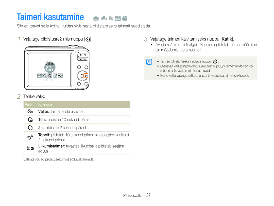 Samsung EC-PL20ZZBPSE2, EC-PL20ZZBPBE2 manual Taimeri kasutamine, Vajutage taimeri käivitamiseks nuppu Katik, Tehke valik 