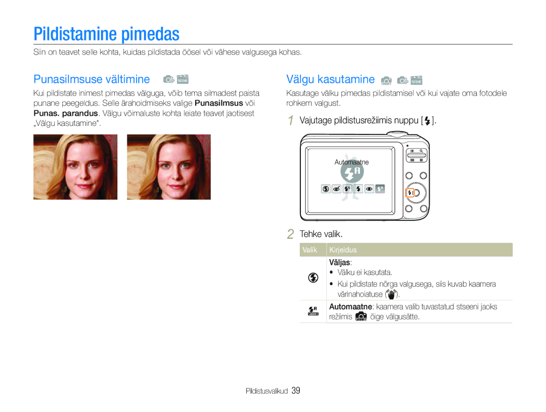 Samsung EC-PL20ZZBPSE2, EC-PL20ZZBPBE2 manual Pildistamine pimedas, Punasilmsuse vältimine, Välgu kasutamine 