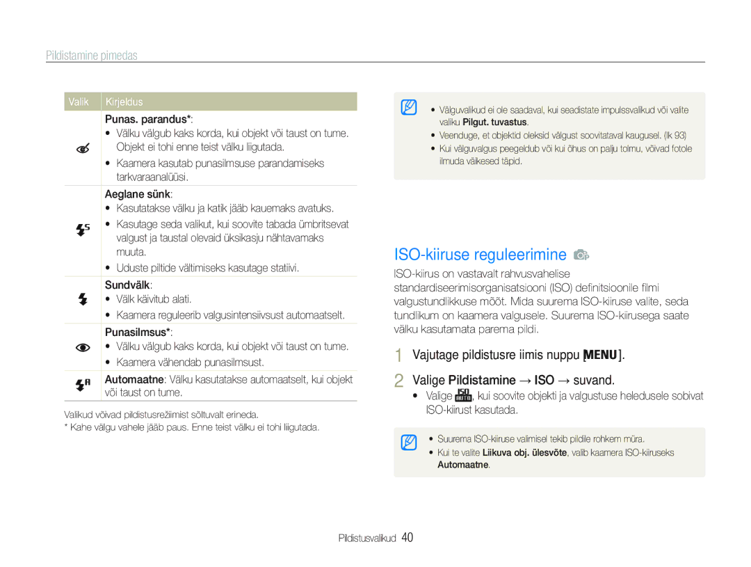 Samsung EC-PL20ZZBPBE2, EC-PL20ZZBPSE2 manual ISO-kiiruse reguleerimine, Pildistamine pimedas 