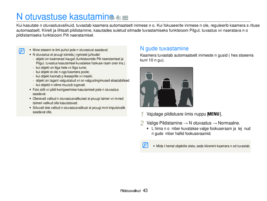 Samsung EC-PL20ZZBPSE2, EC-PL20ZZBPBE2 manual Näotuvastuse kasutamine, Nägude tuvastamine 