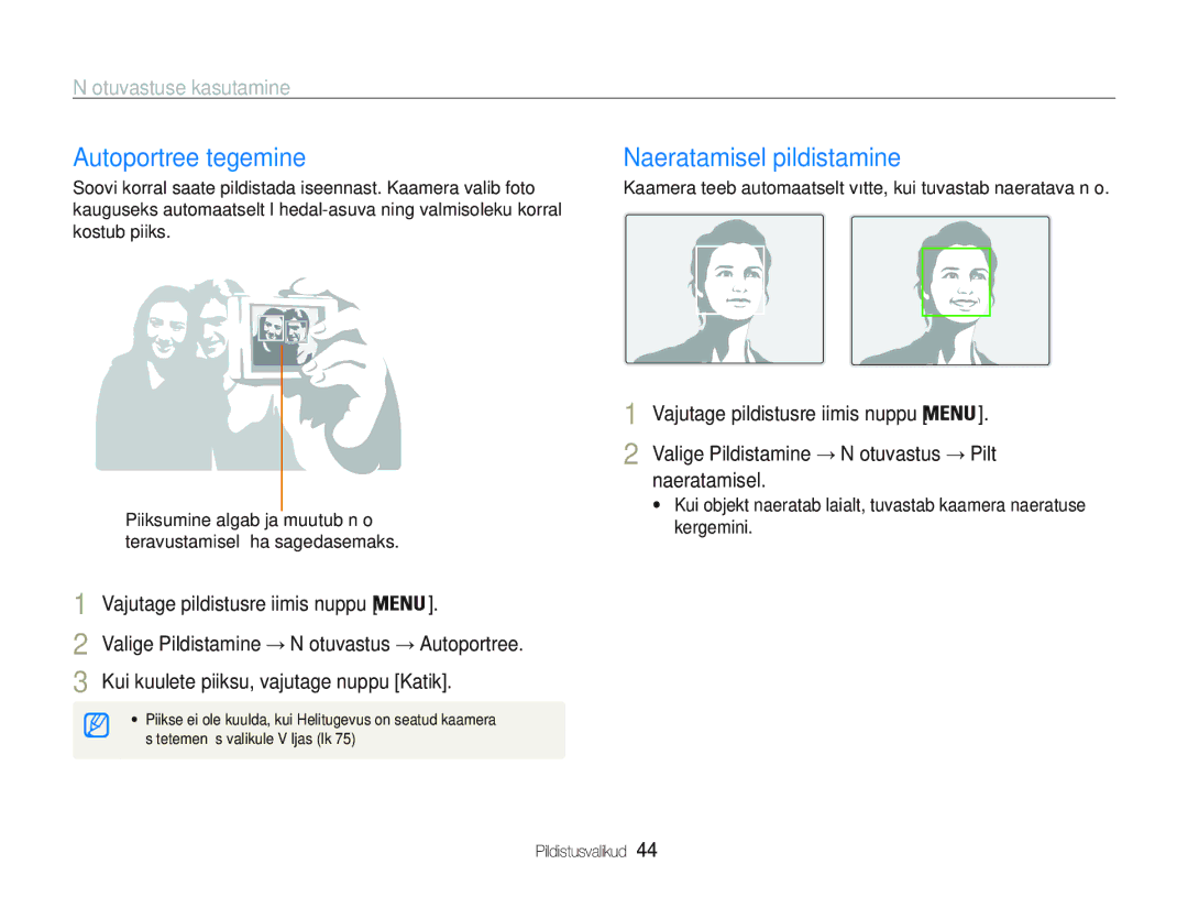 Samsung EC-PL20ZZBPBE2, EC-PL20ZZBPSE2 manual Autoportree tegemine, Naeratamisel pildistamine, Näotuvastuse kasutamine 