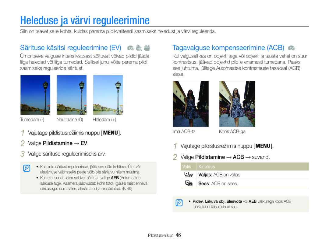 Samsung EC-PL20ZZBPBE2 Heleduse ja värvi reguleerimine, Särituse käsitsi reguleerimine EV, Tagavalguse kompenseerimine ACB 