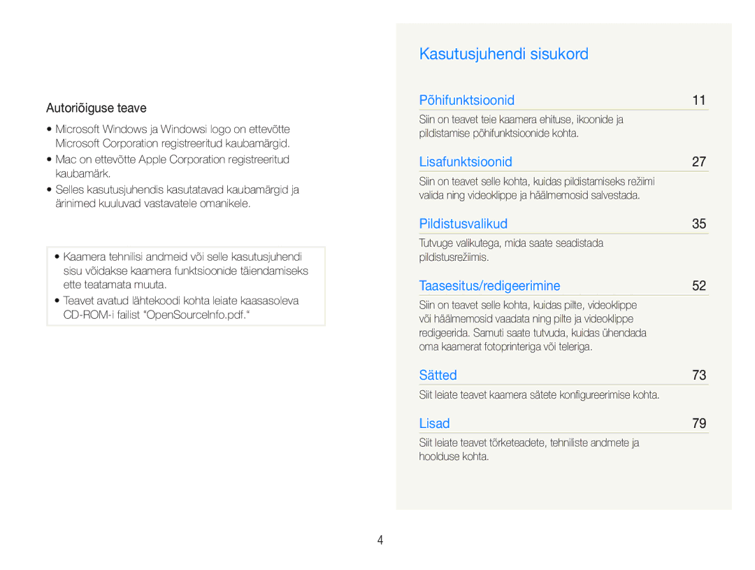 Samsung EC-PL20ZZBPBE2, EC-PL20ZZBPSE2 manual Kasutusjuhendi sisukord, Autoriõiguse teave 