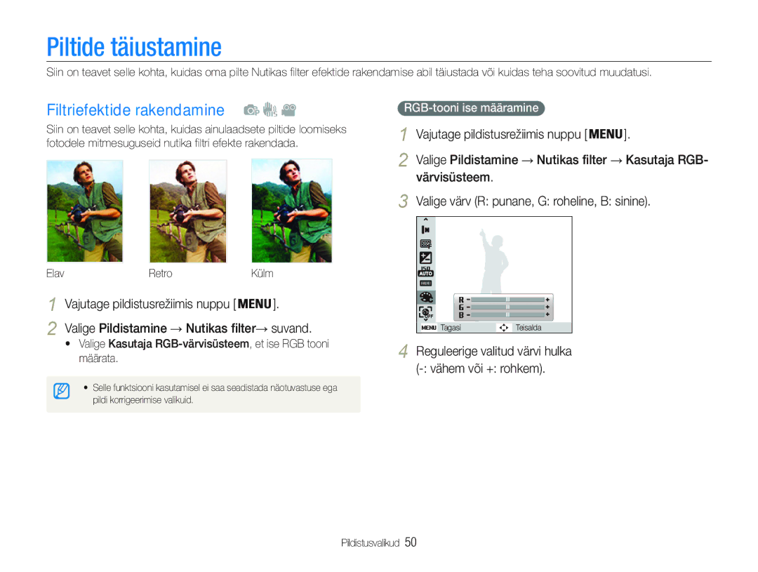 Samsung EC-PL20ZZBPBE2 manual Piltide täiustamine, Filtriefektide rakendamine, Valige Pildistamine Nutikas filter suvand 