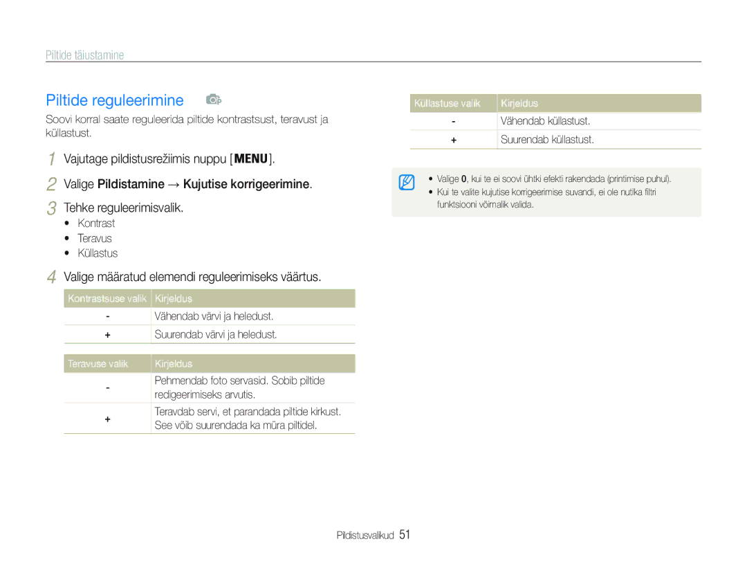 Samsung EC-PL20ZZBPSE2 manual Piltide reguleerimine, Piltide täiustamine, Valige määratud elemendi reguleerimiseks väärtus 