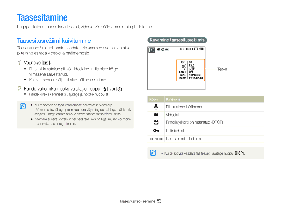 Samsung EC-PL20ZZBPSE2 manual Taasesitamine, Taasesitusrežiimi käivitamine, Failide vahel liikumiseks vajutage nuppu või 