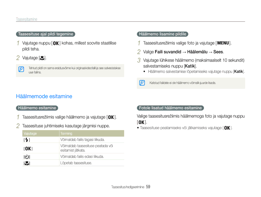 Samsung EC-PL20ZZBPSE2, EC-PL20ZZBPBE2 Häälmemode esitamine, Vajutage nuppu kohas, millest soovite staatilise pildi teha 