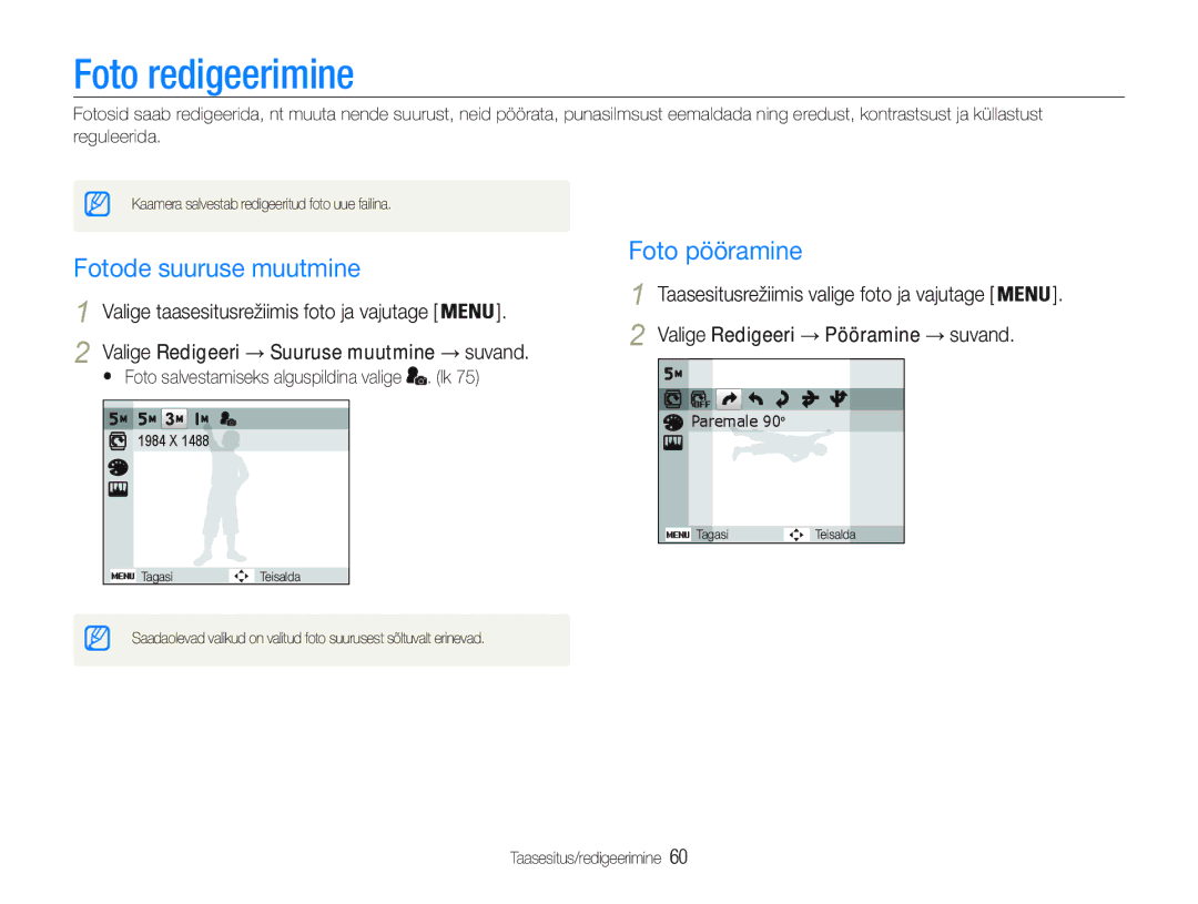 Samsung EC-PL20ZZBPBE2, EC-PL20ZZBPSE2 manual Foto redigeerimine, Fotode suuruse muutmine Foto pööramine 