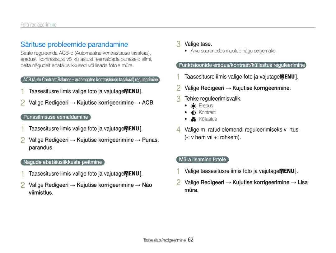 Samsung EC-PL20ZZBPBE2 manual Särituse probleemide parandamine, Valige Redigeeri Kujutise korrigeerimine, Parandus 