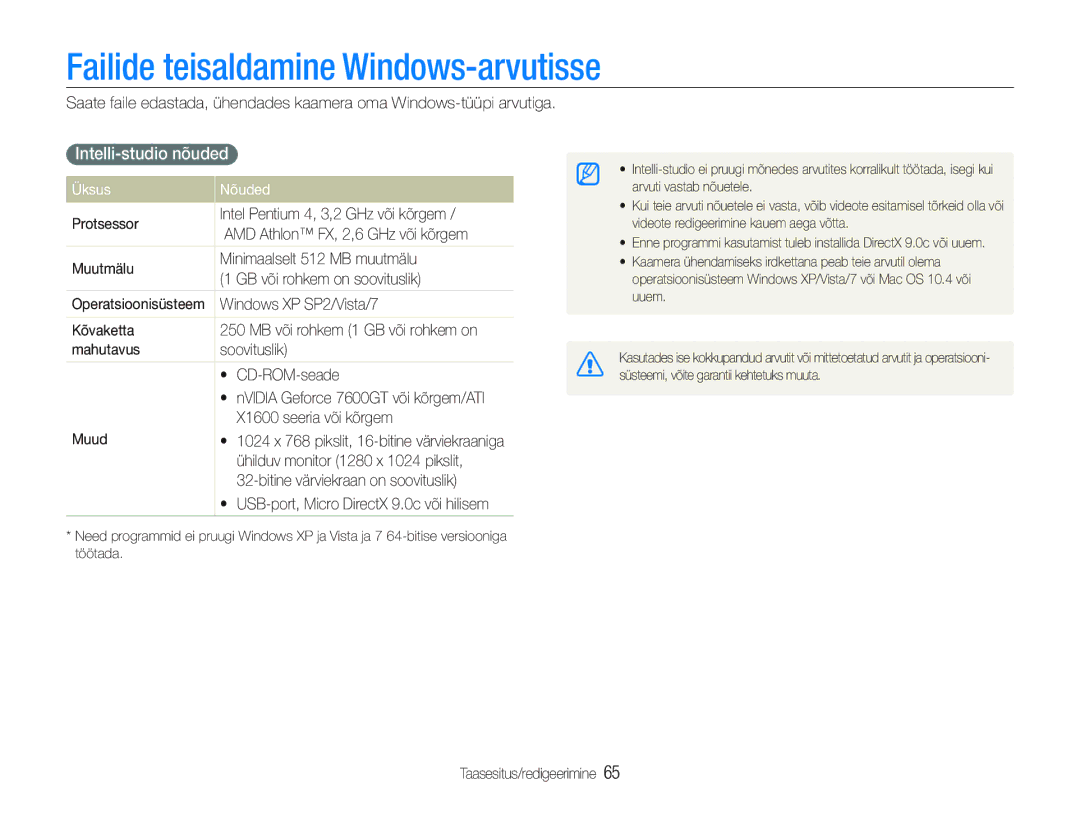 Samsung EC-PL20ZZBPSE2, EC-PL20ZZBPBE2 manual Failide teisaldamine Windows-arvutisse, Intelli-studio nõuded, Üksus Nõuded 