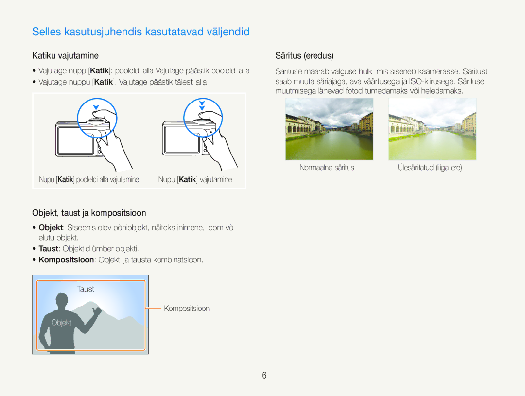 Samsung EC-PL20ZZBPBE2 Selles kasutusjuhendis kasutatavad väljendid, Katiku vajutamine, Objekt, taust ja kompositsioon 
