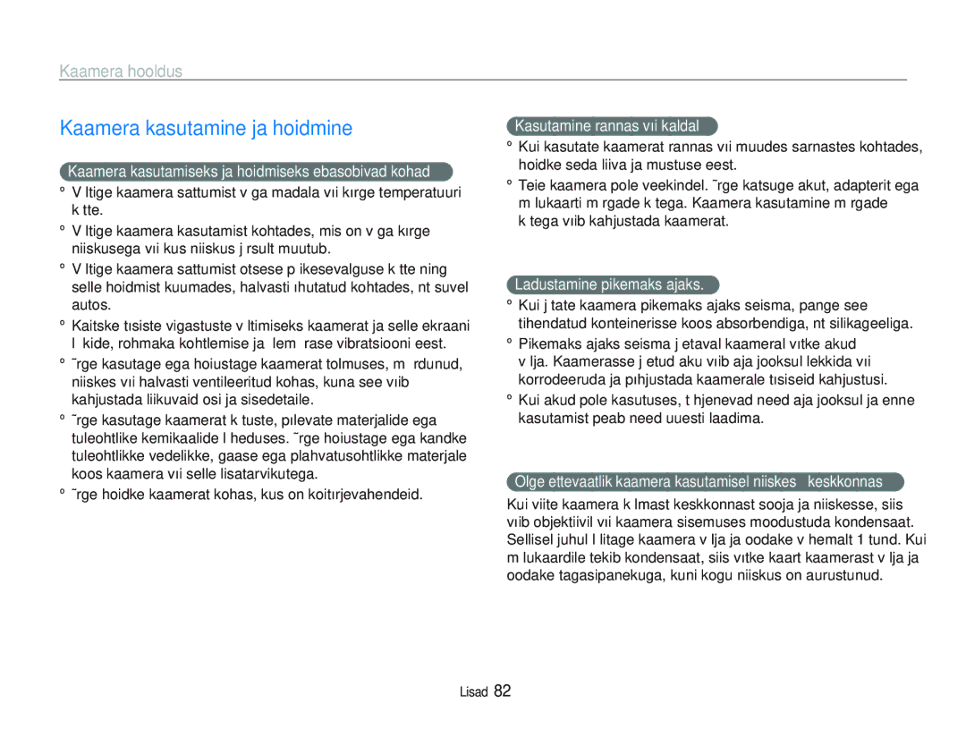 Samsung EC-PL20ZZBPBE2, EC-PL20ZZBPSE2 manual Kaamera kasutamine ja hoidmine, Kaamera hooldus 