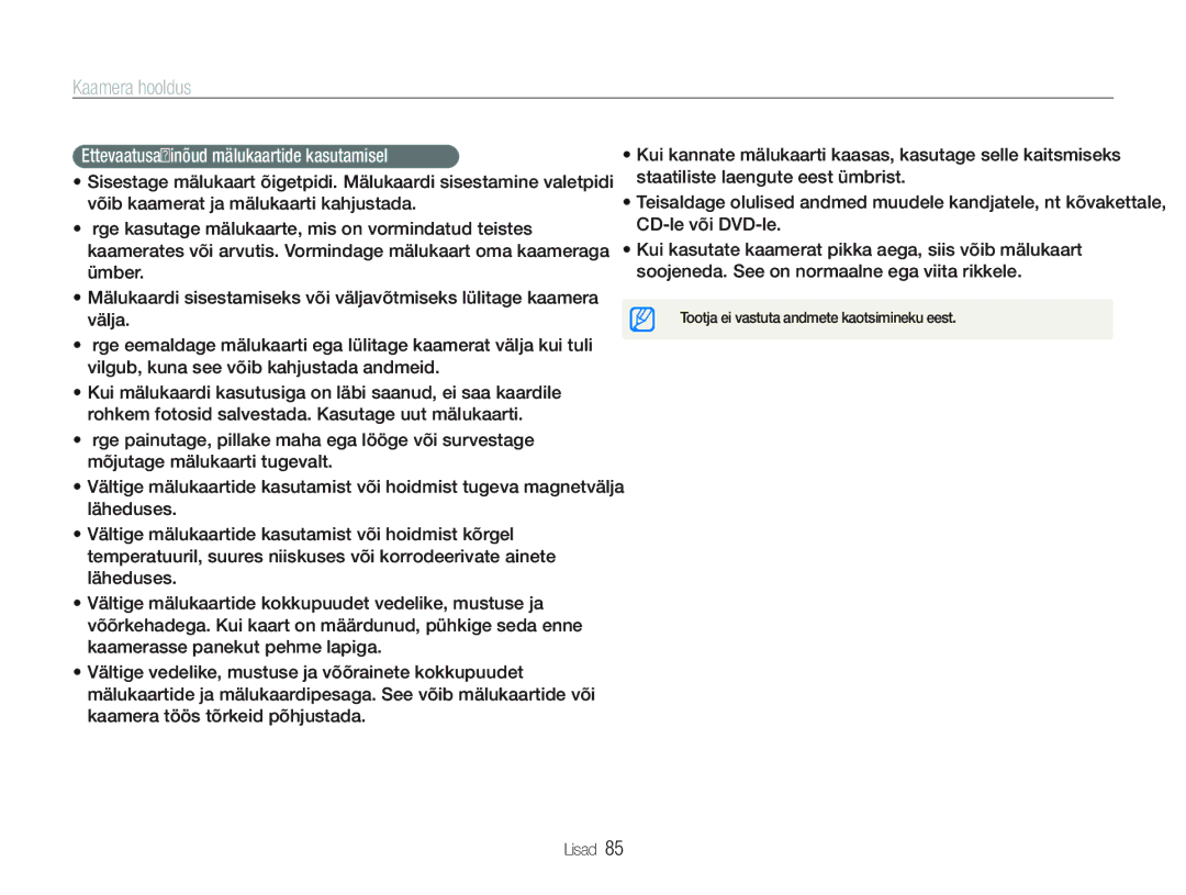 Samsung EC-PL20ZZBPSE2, EC-PL20ZZBPBE2 manual Ettevaatusabinõud mälukaartide kasutamisel 