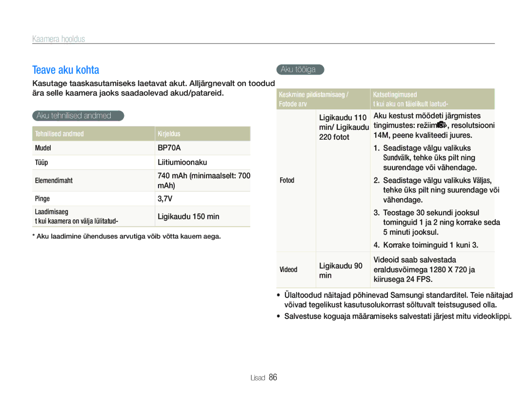 Samsung EC-PL20ZZBPBE2, EC-PL20ZZBPSE2 Teave aku kohta, Aku tehnilised andmed, Aku tööiga, Tehnilised andmed Kirjeldus 