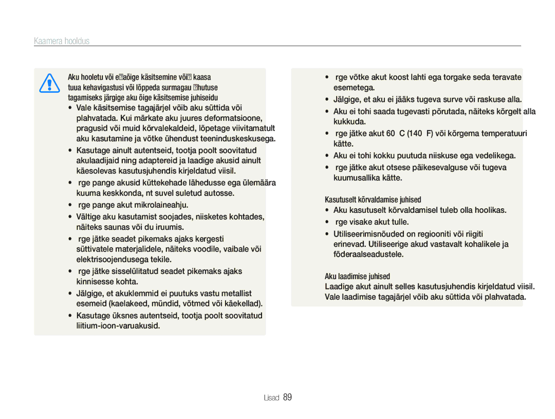 Samsung EC-PL20ZZBPSE2, EC-PL20ZZBPBE2 manual Kaamera hooldus 