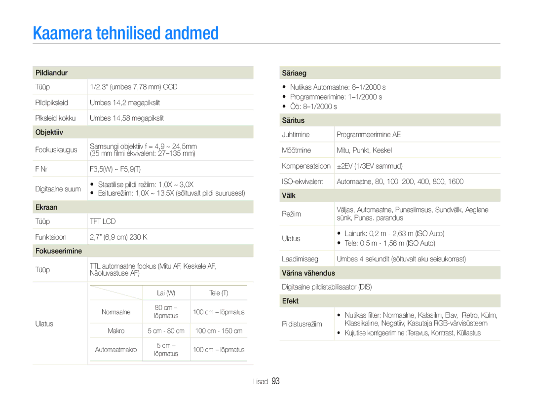 Samsung EC-PL20ZZBPSE2, EC-PL20ZZBPBE2 manual Kaamera tehnilised andmed 