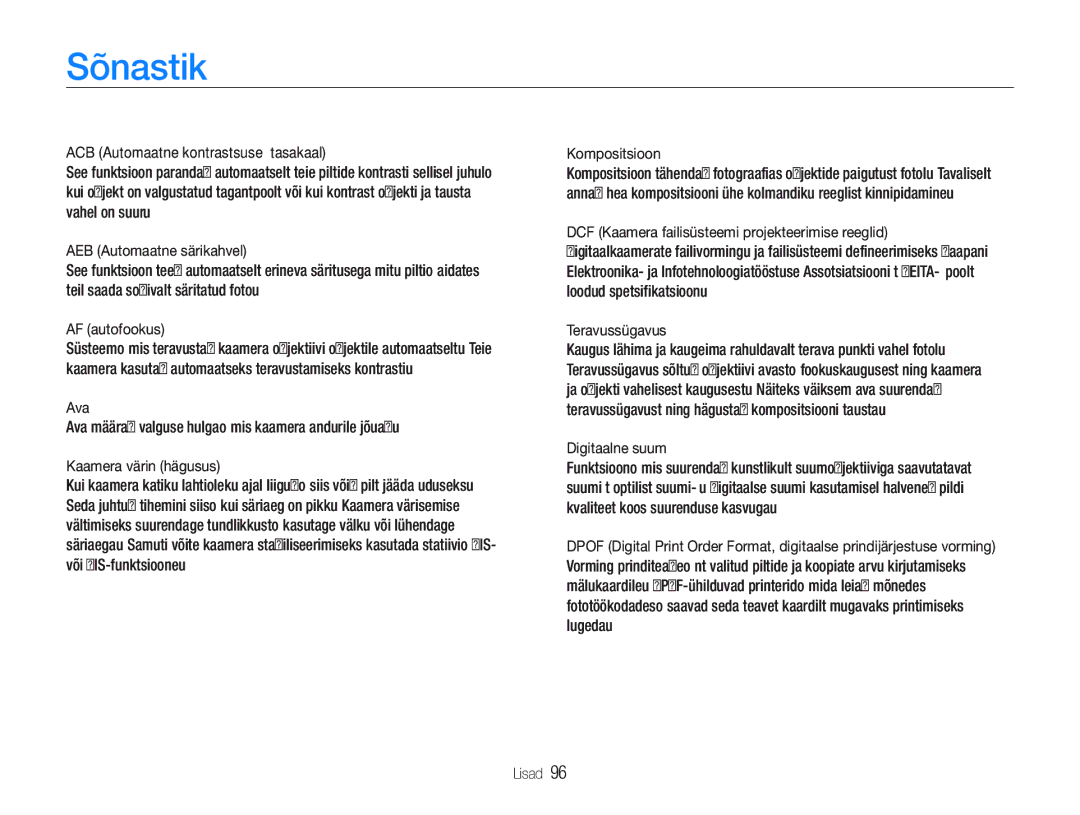 Samsung EC-PL20ZZBPBE2 manual Sõnastik, DCF Kaamera failisüsteemi projekteerimise reeglid, Teravussügavus, Digitaalne suum 